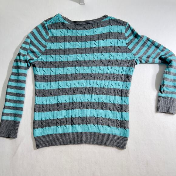 Talbots Crew Neck Sweater Woman's L 30% Lambswool Cable Knit Teal Grey Stripe - Picture 3 of 10